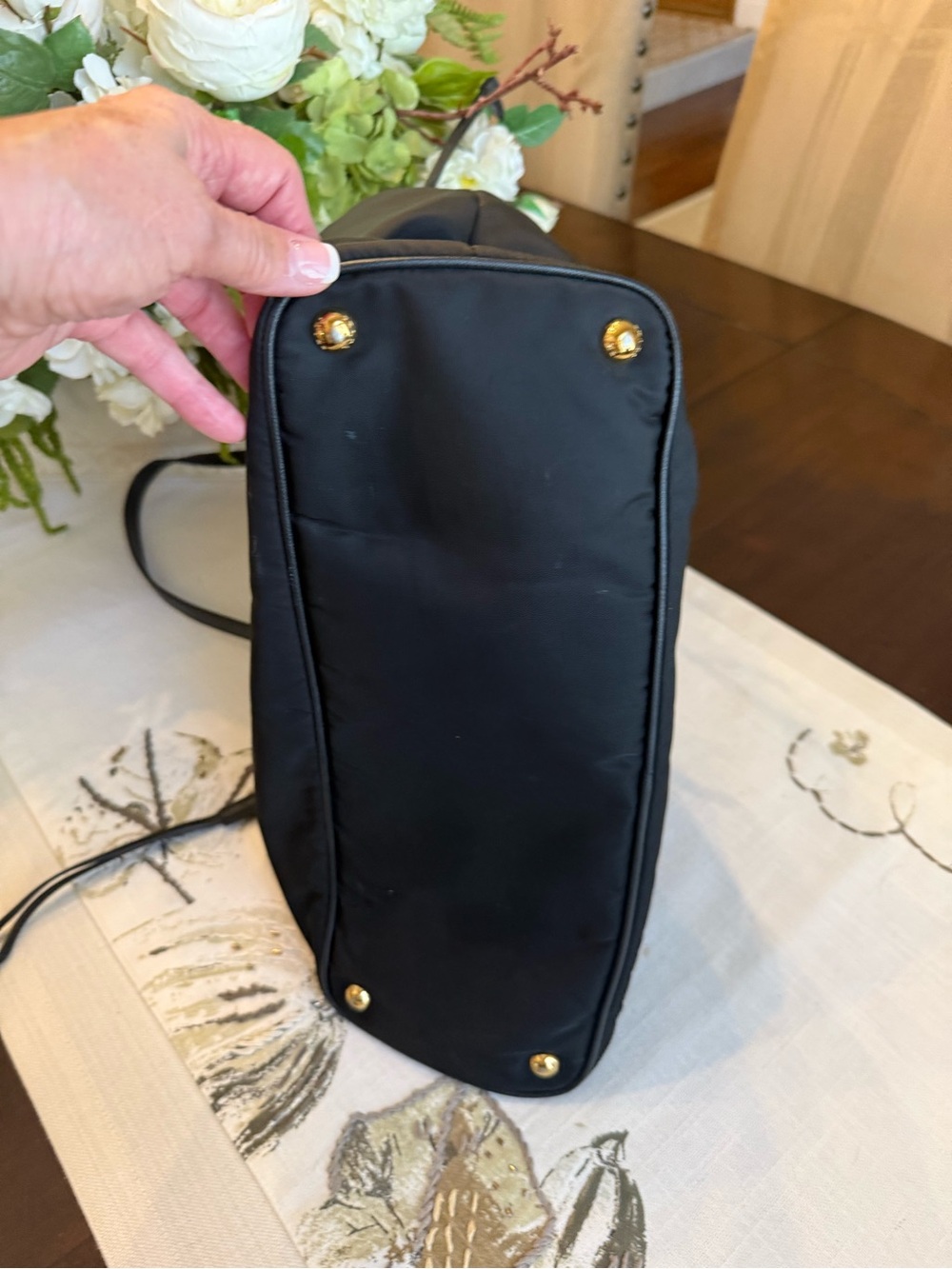 Black Nylon Tote with Gold Hardware - Leather Strap Shoulder Bag - Picture 4 of 8